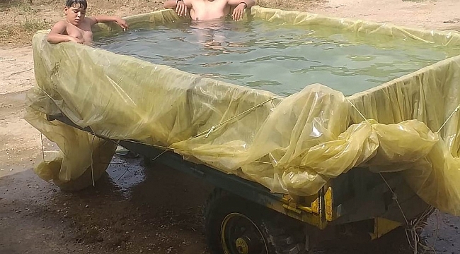 İzmir'de vatandaşlar traktör römorkuna havuz yapıp serinledi